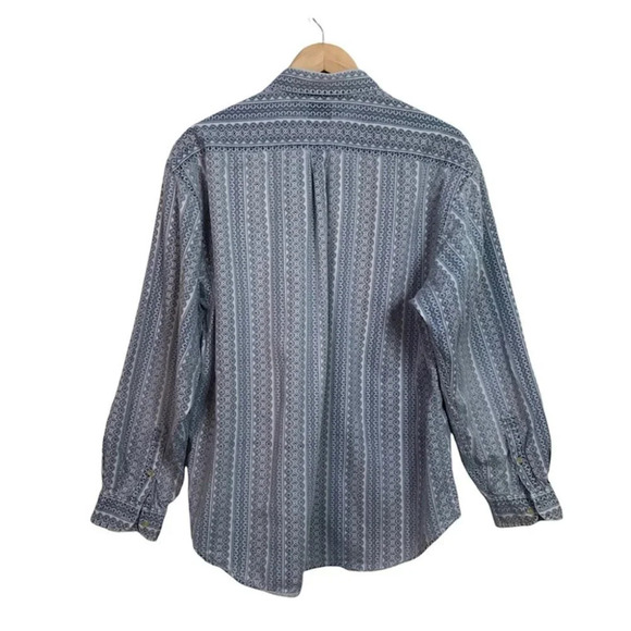 Vintage Tommy Hilfiger Blue Chambray Denim Allover Geometric Print Dad Shirt - Picture 3 of 8